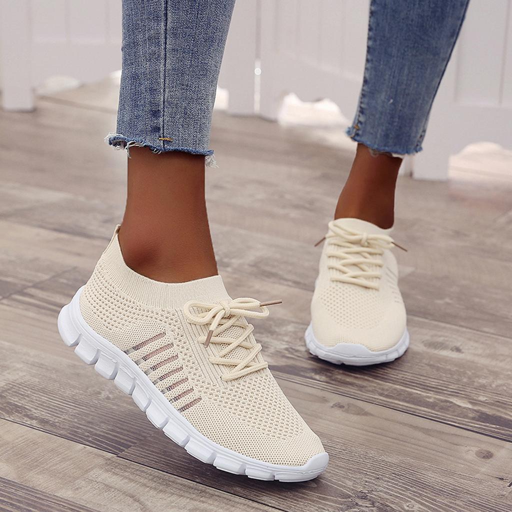 Women's Knitted Running Sneakers, Solid Color Breathable Low Top Walking Trainers