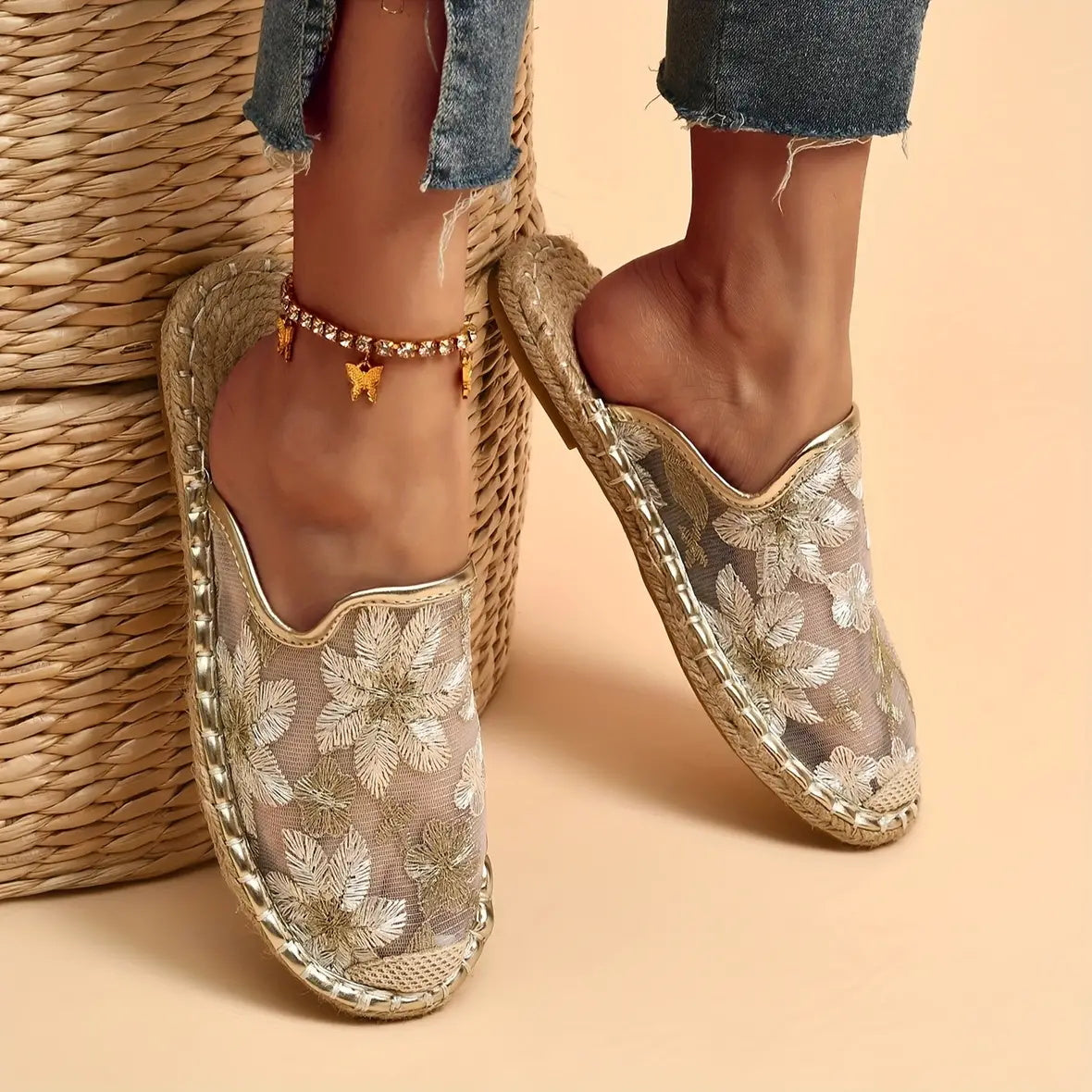 Frauen Sommer Spitze Blume atmungsaktiv flache Sohle Slip-Ons