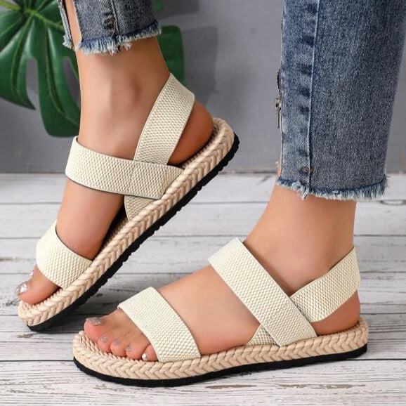 Flache Damen-Sandalen, offener Zeh mit elastischem Riemen, Slingback-Schuhe