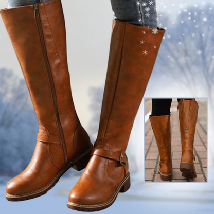 Hohe Damenstiefel mit Schnalle und Absatz