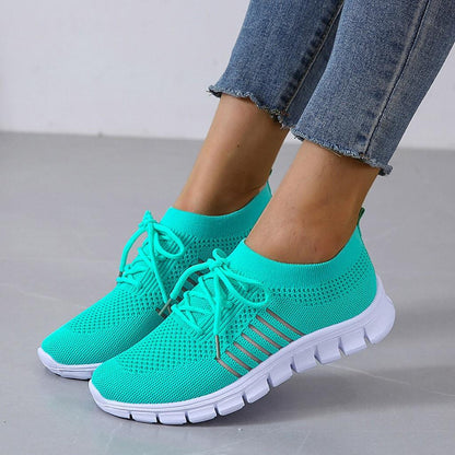 Women's Knitted Running Sneakers, Solid Color Breathable Low Top Walking Trainers