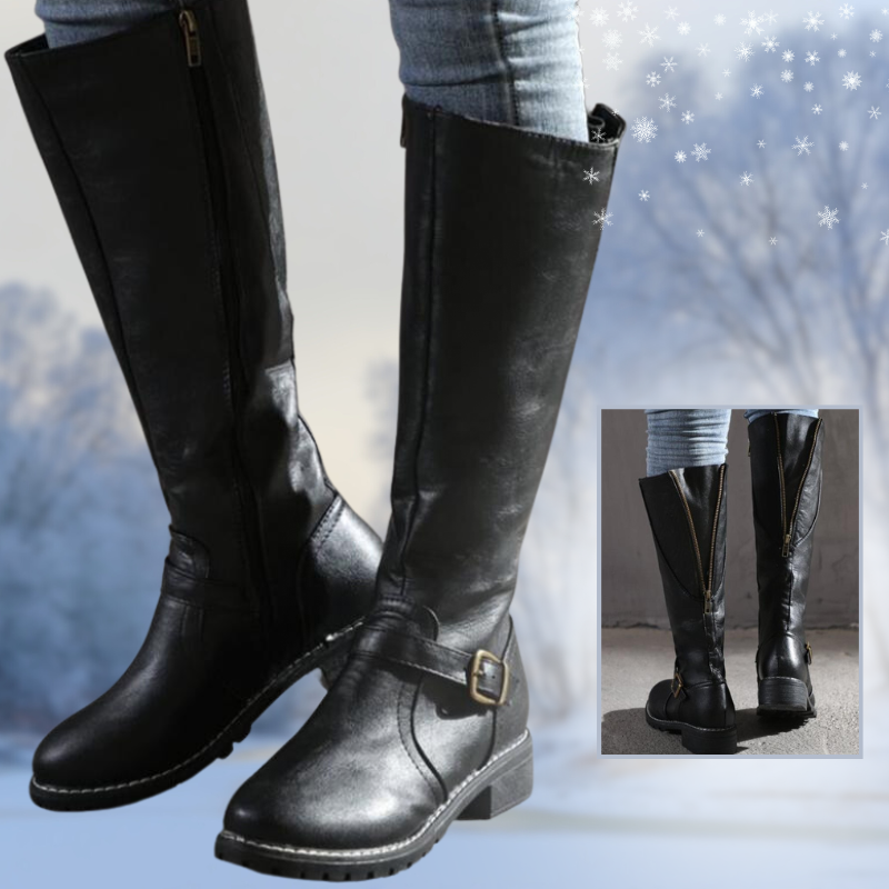 Hohe Damenstiefel mit Schnalle und Absatz