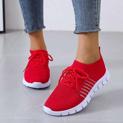 Women's Knitted Running Sneakers, Solid Color Breathable Low Top Walking Trainers