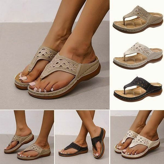 Orthopädische Flip Flops für Frauen Zehenstegsandalen Boho Flat Low Wedge Hausschuhe