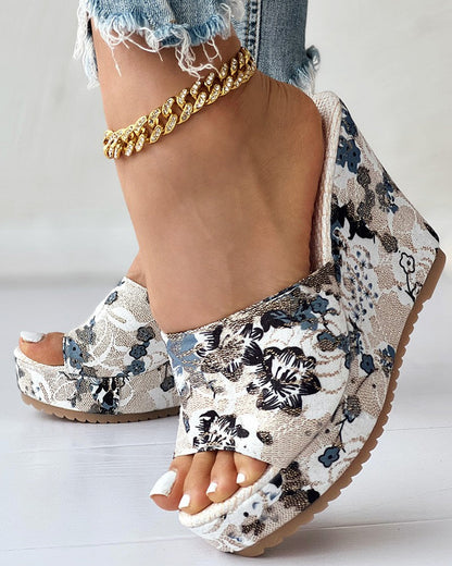 Vintage Floral Print Peep Toe Wedge Hausschuhe