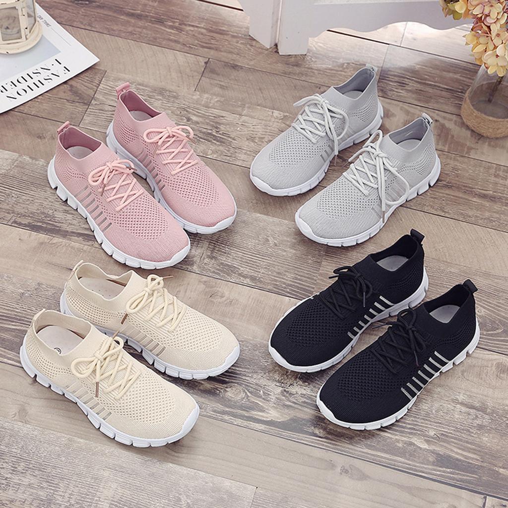 Women's Knitted Running Sneakers, Solid Color Breathable Low Top Walking Trainers