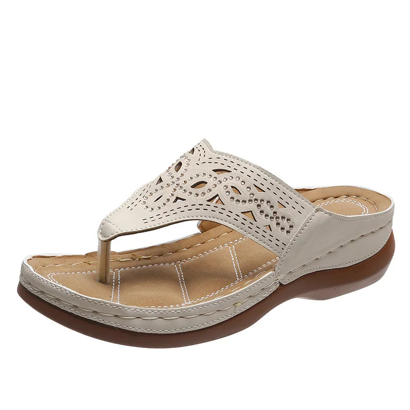 Orthopädische Flip Flops für Frauen Zehenstegsandalen Boho Flat Low Wedge Hausschuhe