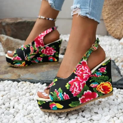 Floral bedruckte Wedge Heel Peep Toe Sandalen