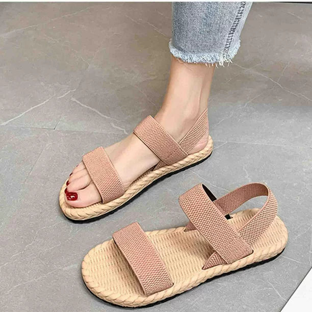 Flache Damen-Sandalen, offener Zeh mit elastischem Riemen, Slingback-Schuhe