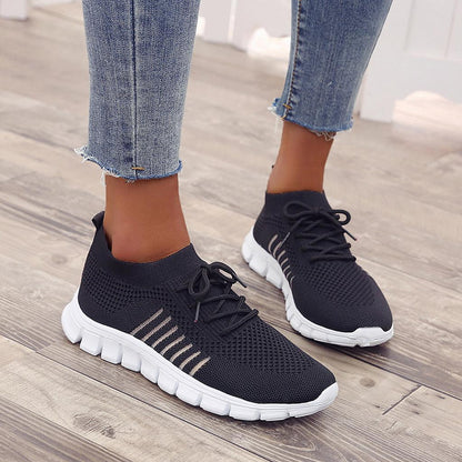 Women's Knitted Running Sneakers, Solid Color Breathable Low Top Walking Trainers