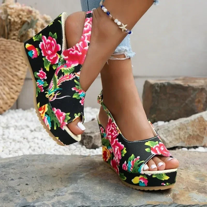 Floral bedruckte Wedge Heel Peep Toe Sandalen