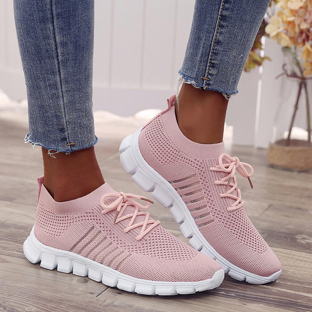 Women's Knitted Running Sneakers, Solid Color Breathable Low Top Walking Trainers