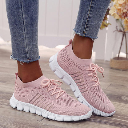 Women's Knitted Running Sneakers, Solid Color Breathable Low Top Walking Trainers