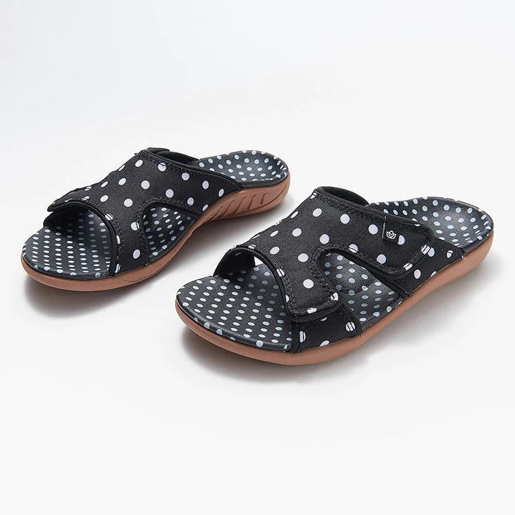 Polka Dot Print Flache Sandalen mit Hakenschlaufe und offener Spitze