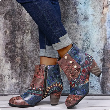 Gelbe & rote Patchwork-Stiefelette mit Blumenmuster