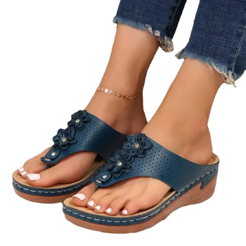 Frauen mit Fußgewölbeunterstützung Casual Sommer Solid Wide Navy Sandalen