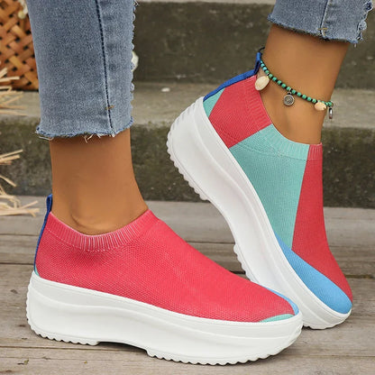 Fashion Mix Color Chunky Sneakers for Women Autumn Thick Bottom Platform Sports Shoes Woman Slip On Knitted Vulcanize Shoes