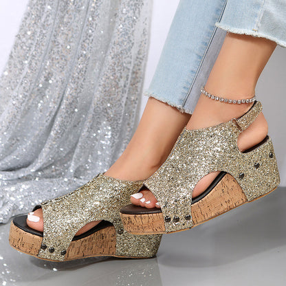 Glitter Wedge Slingback Sandalen für Frauen