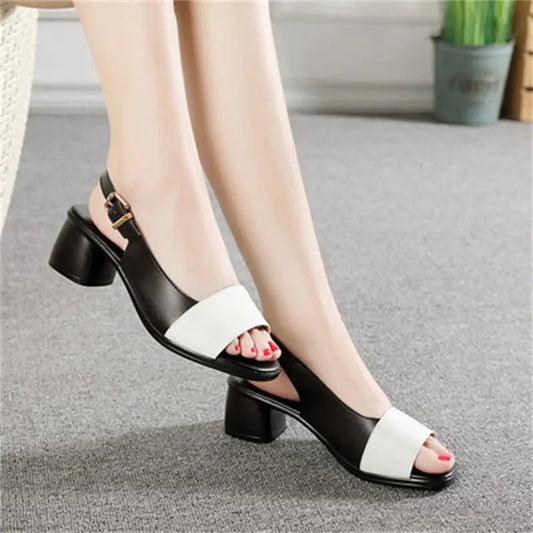 Leder High Chunky Heels Damen Sandalen