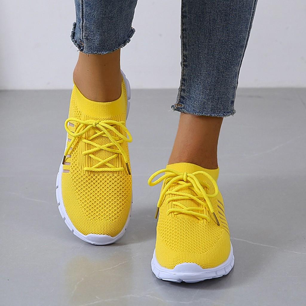 Women's Knitted Running Sneakers, Solid Color Breathable Low Top Walking Trainers