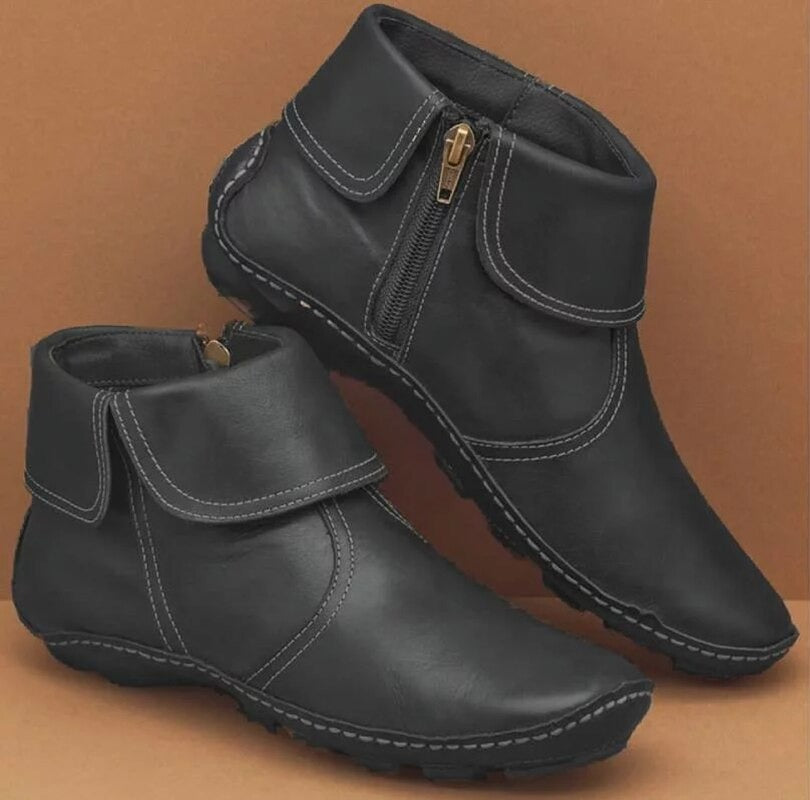 Flache Retro-Stiefeletten aus Leder für Frauen