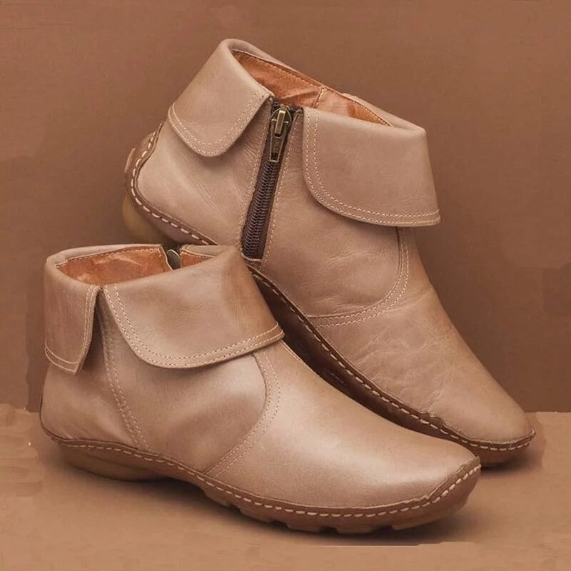 Flache Retro-Stiefeletten aus Leder für Frauen