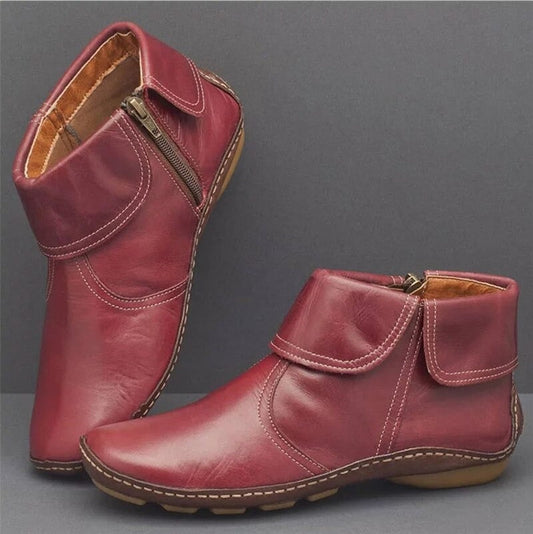 Flache Retro-Stiefeletten aus Leder für Frauen