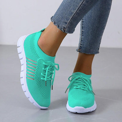 Women's Knitted Running Sneakers, Solid Color Breathable Low Top Walking Trainers