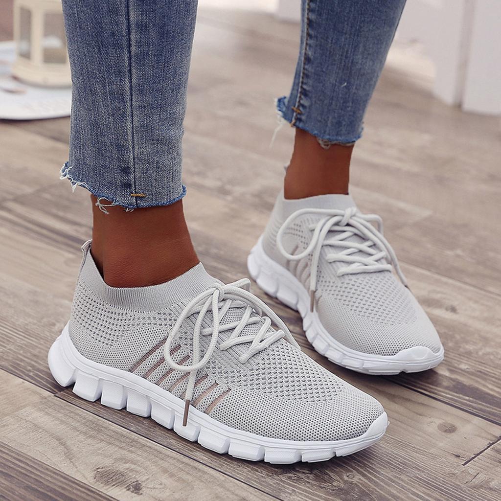 Women's Knitted Running Sneakers, Solid Color Breathable Low Top Walking Trainers