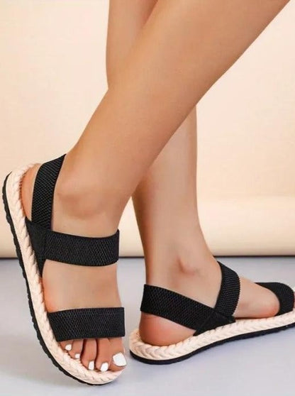 Kamelfarbene flache Damensandalen, einfaches gewebtes Gummiband