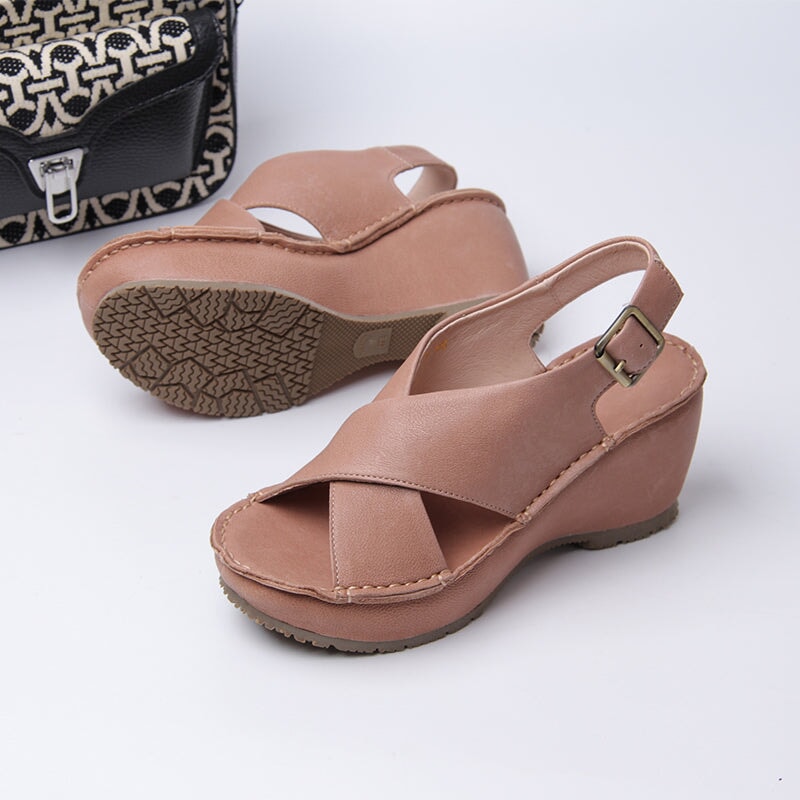 Handgefertigte Leder Riemen Offene Zehe Wedges Sandalen